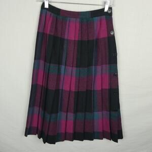 Marilyn Togs Vintage Wool Blend Pleated Plaid Flannel Skirt Button Side